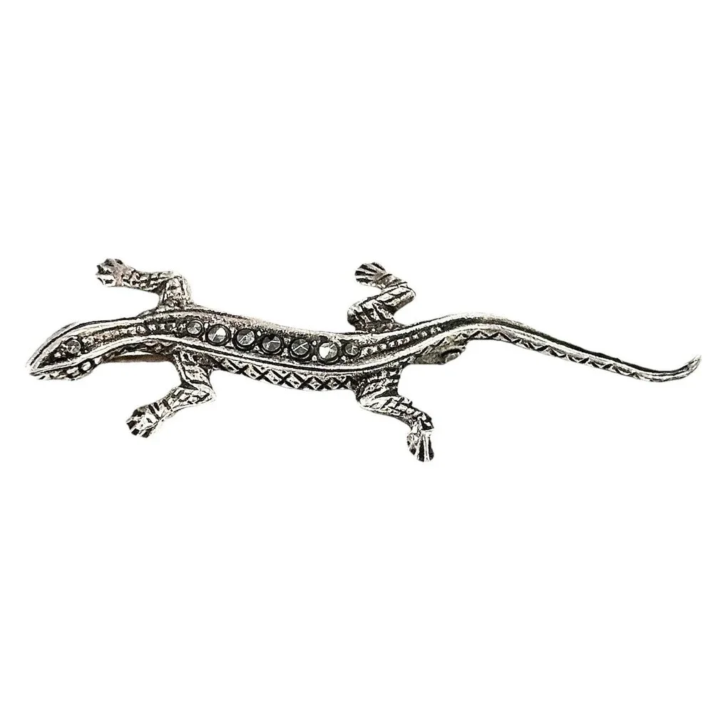 Vintage 925 Sterling Silver Marcasite Lizard Brooch Figural Gecko Pin Estate
